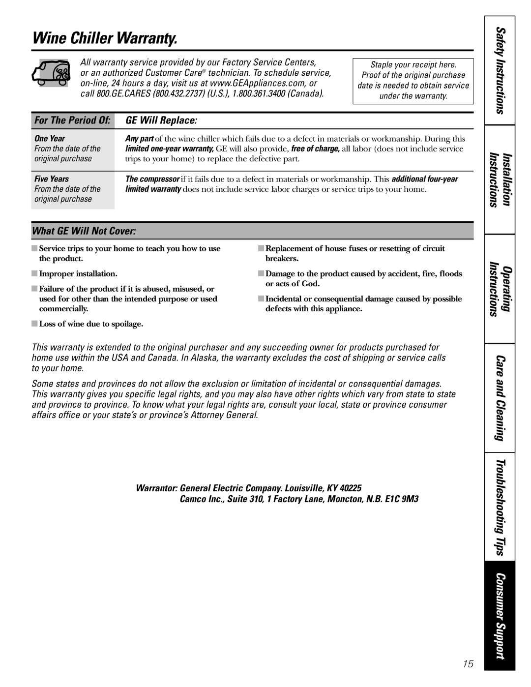 GE installation instructions Wine Chiller Warranty, GE Will Replace, What GE Will Not Cover 