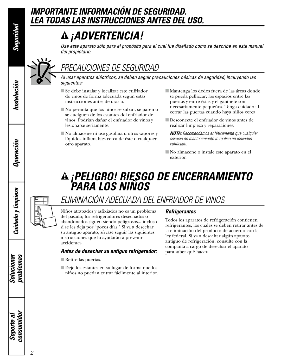 GE Wine Chiller installation instructions Precauciones DE Seguridad, Operación, Solucionar Problemas, Refrigerantes 