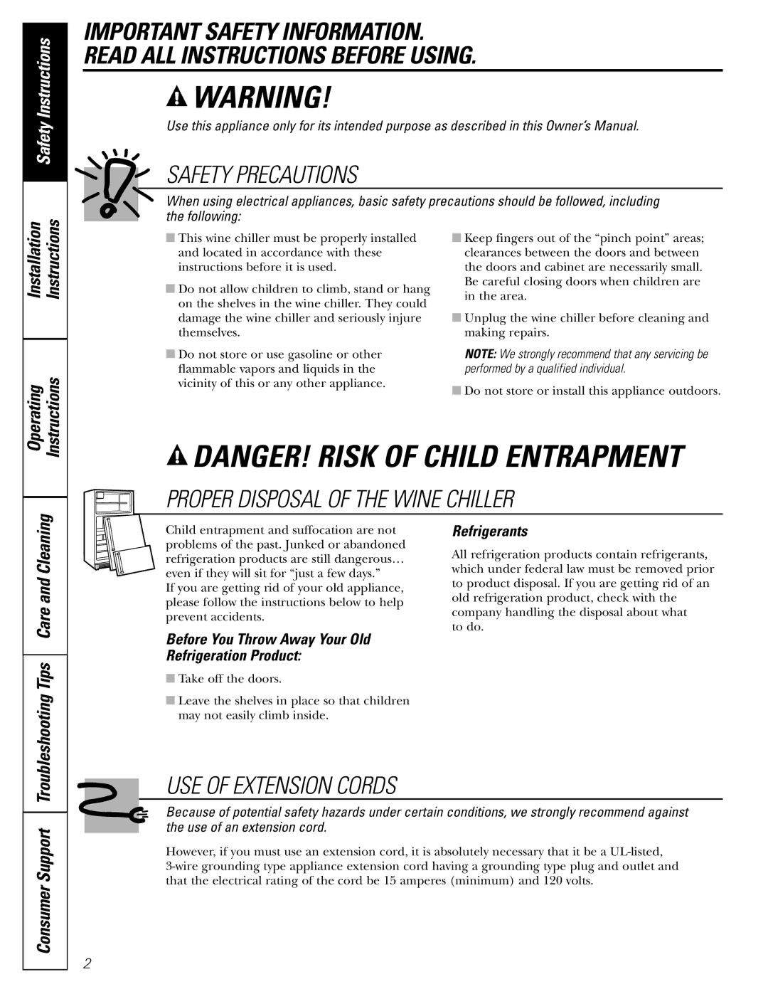 GE Safety Precautions, Proper Disposal of the Wine Chiller, USE of Extension Cords, Refrigerants 