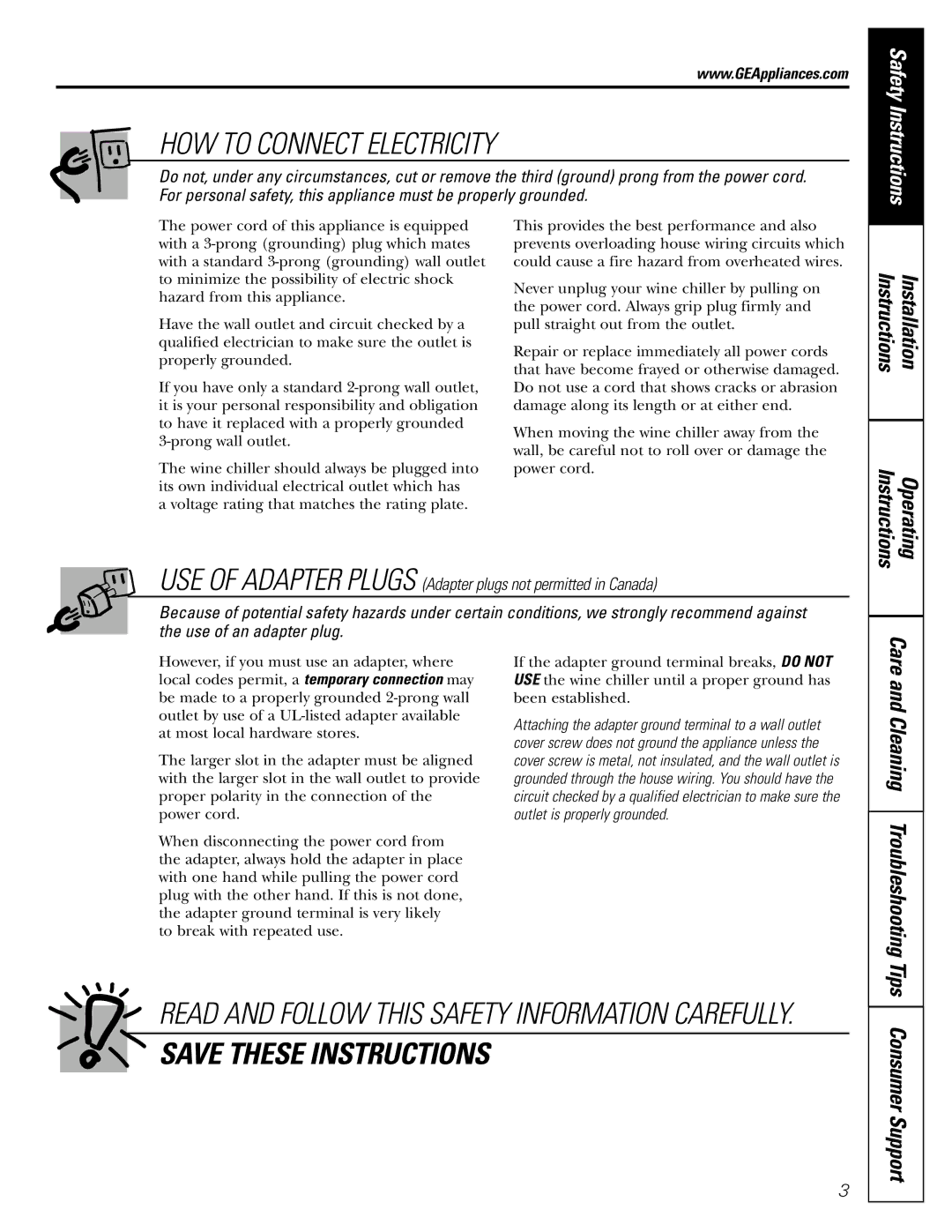 GE Wine Chiller installation instructions HOW to Connect Electricity, Read and Follow this Safety Information Carefully 