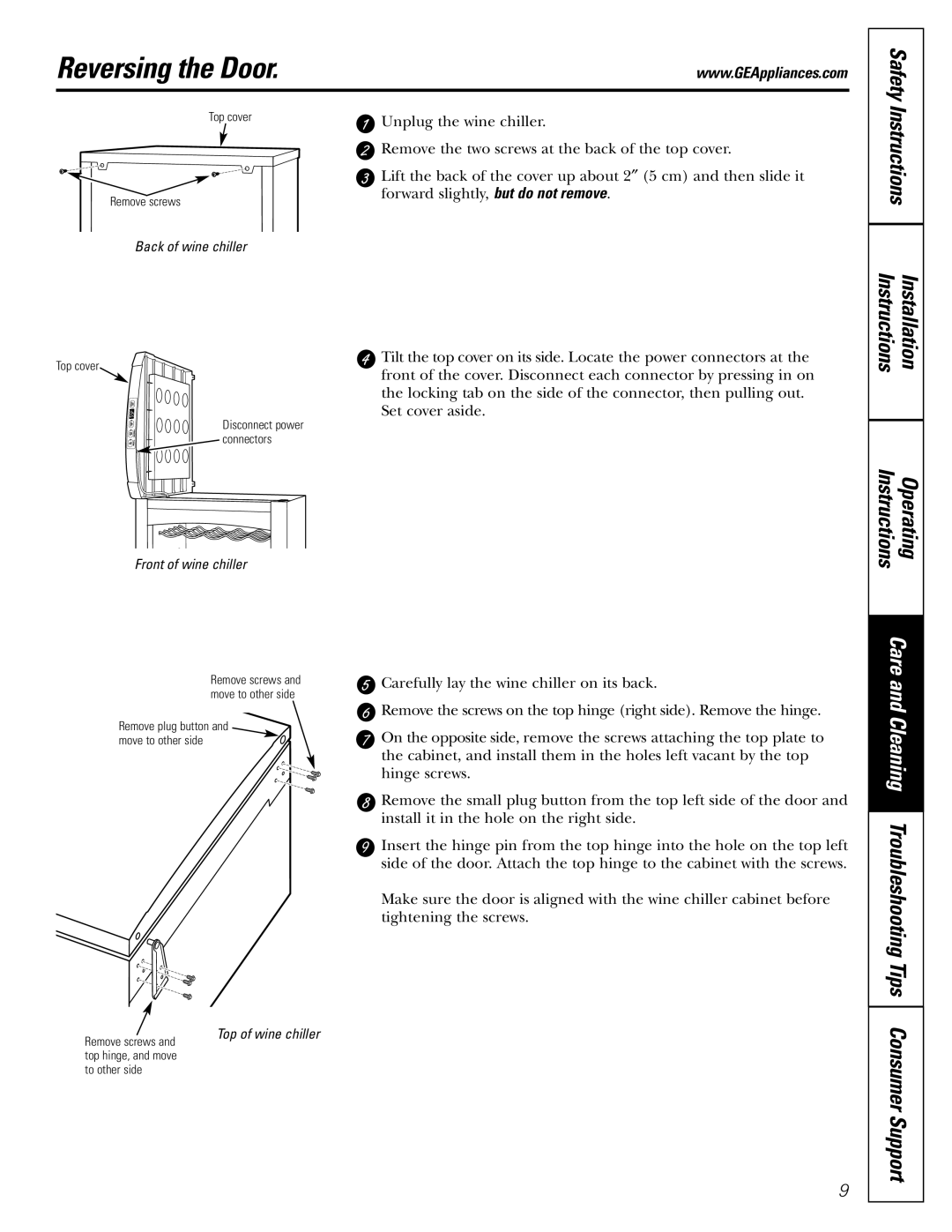 GE Wine Chiller installation instructions Reversing the Door, Troubleshooting Tips, Instructions 