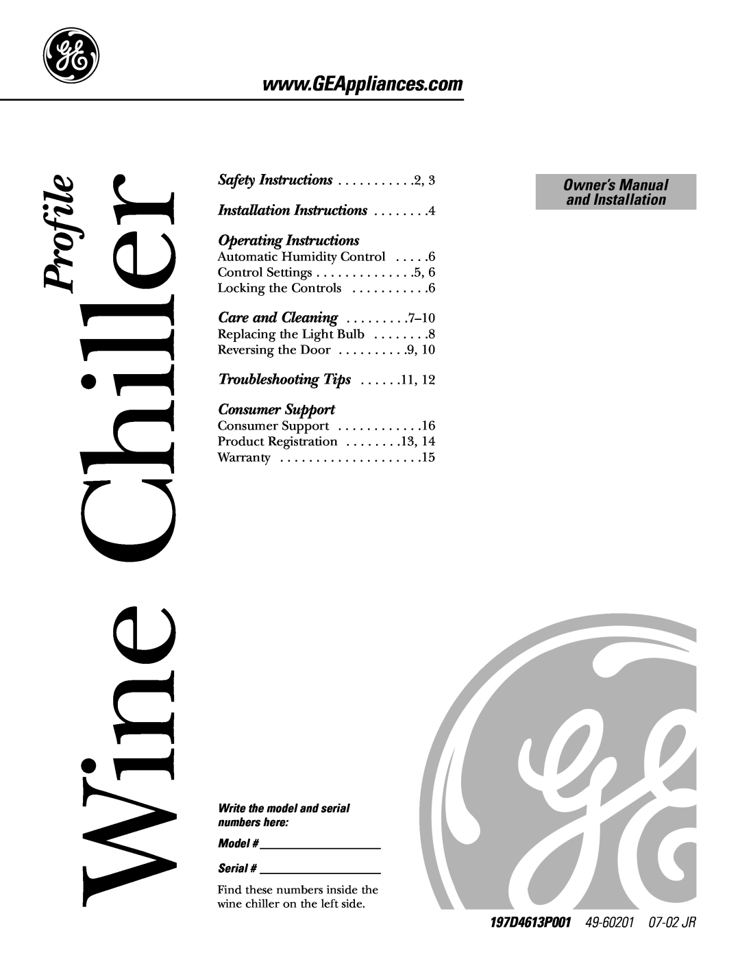 GE Wine Chiller installation instructions Installation Instructions, Operating Instructions, Troubleshooting Tips, Profile 