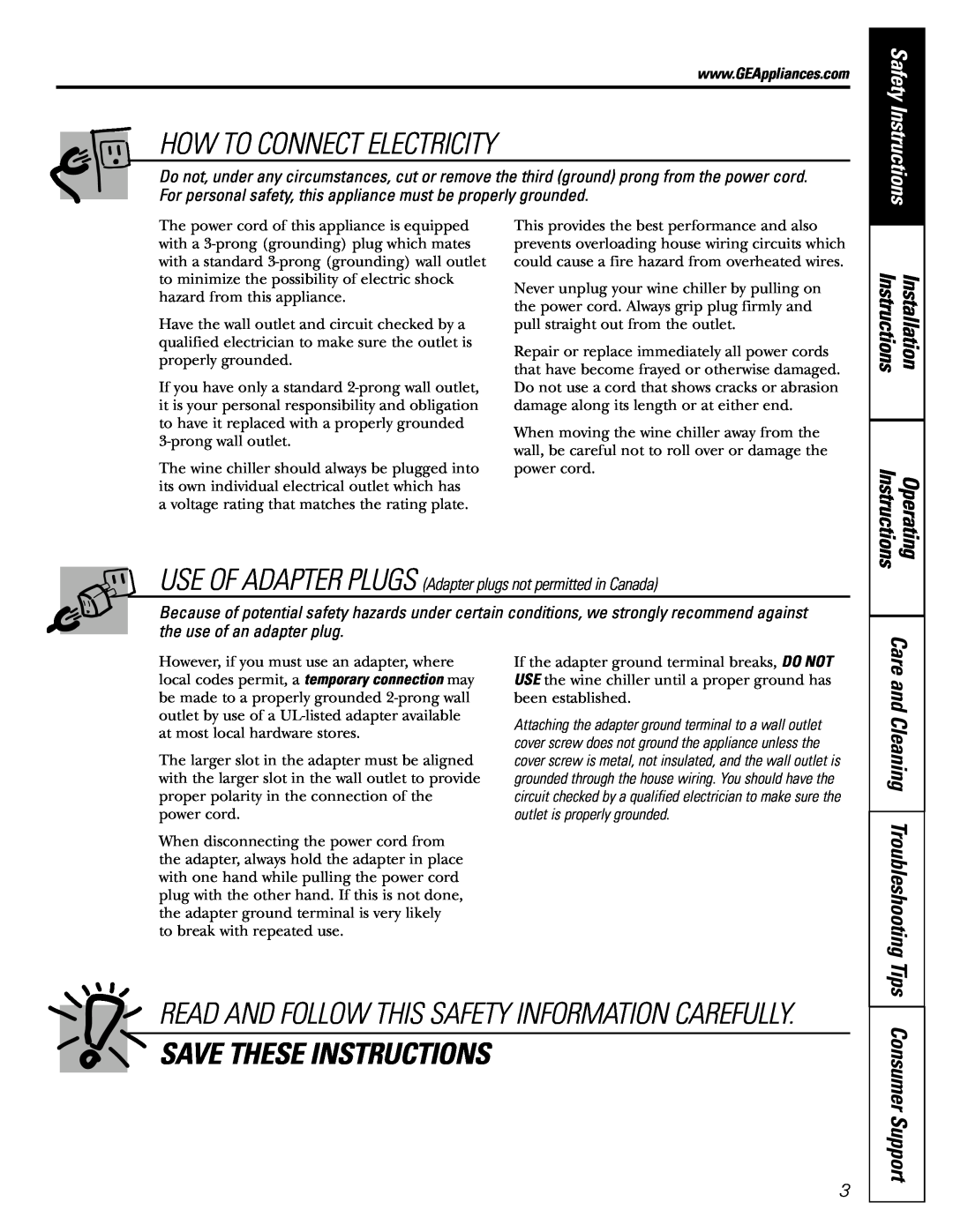 GE Wine Chiller How To Connect Electricity, Read And Follow This Safety Information Carefully, Save These Instructions 