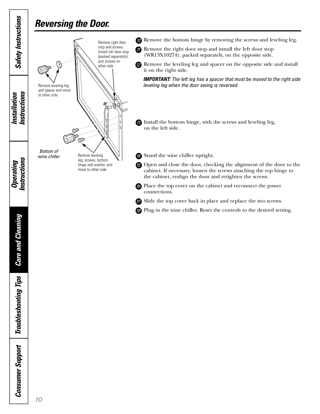 GE WineChiller installation instructions Safety Installation Instructions Operating, Bottom of wine chiller 