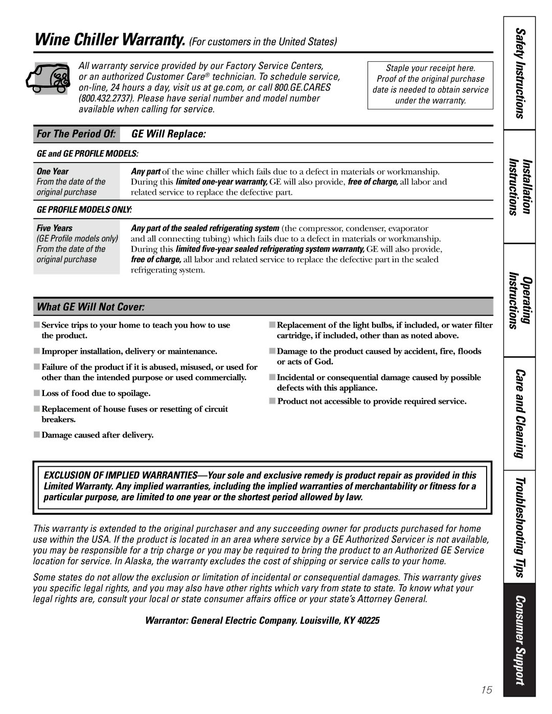 GE WineChiller installation instructions Troubleshooting Tips Consumer Support, GE Will Replace, What GE Will Not Cover 