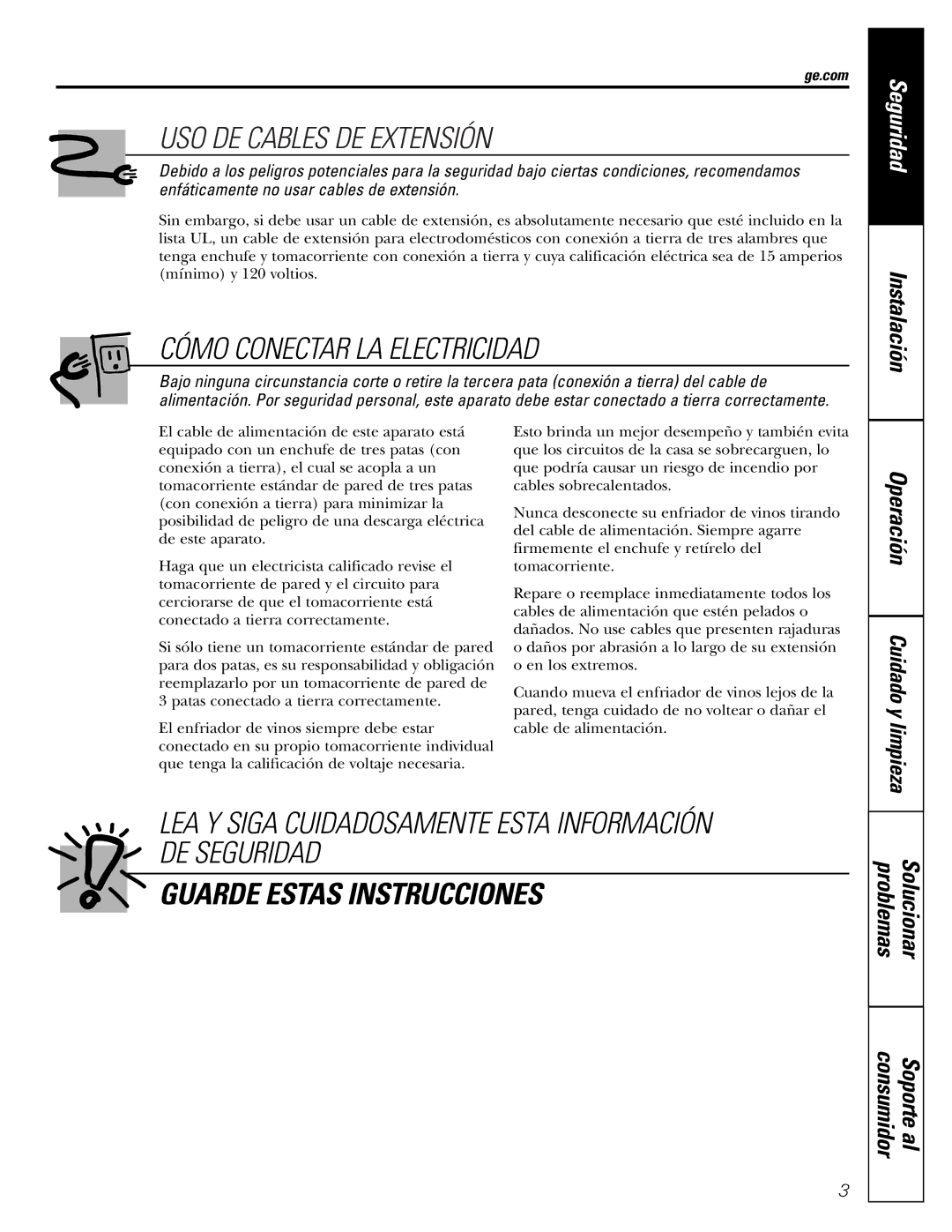 GE WineChiller installation instructions Guarde Estas Instrucciones 