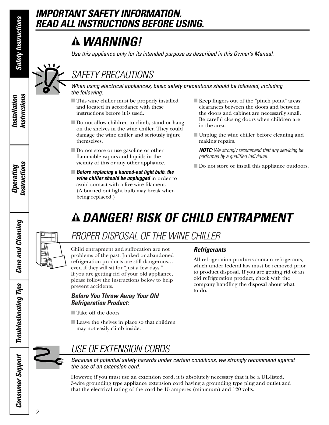 GE WineChiller installation instructions Safety Instructions, Operating Instructions, Cleaning, Troubleshooting Tips 