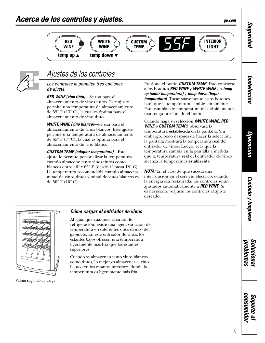 GE WineChiller installation instructions Acerca de los controles y ajustes, Cuidado y, Cómo cargar el enfriador de vinos 