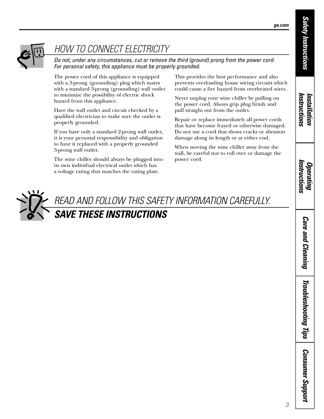 GE WineChiller installation instructions Instructions Operating, Care and Cleaning Troubleshooting Tips, Ge.com 