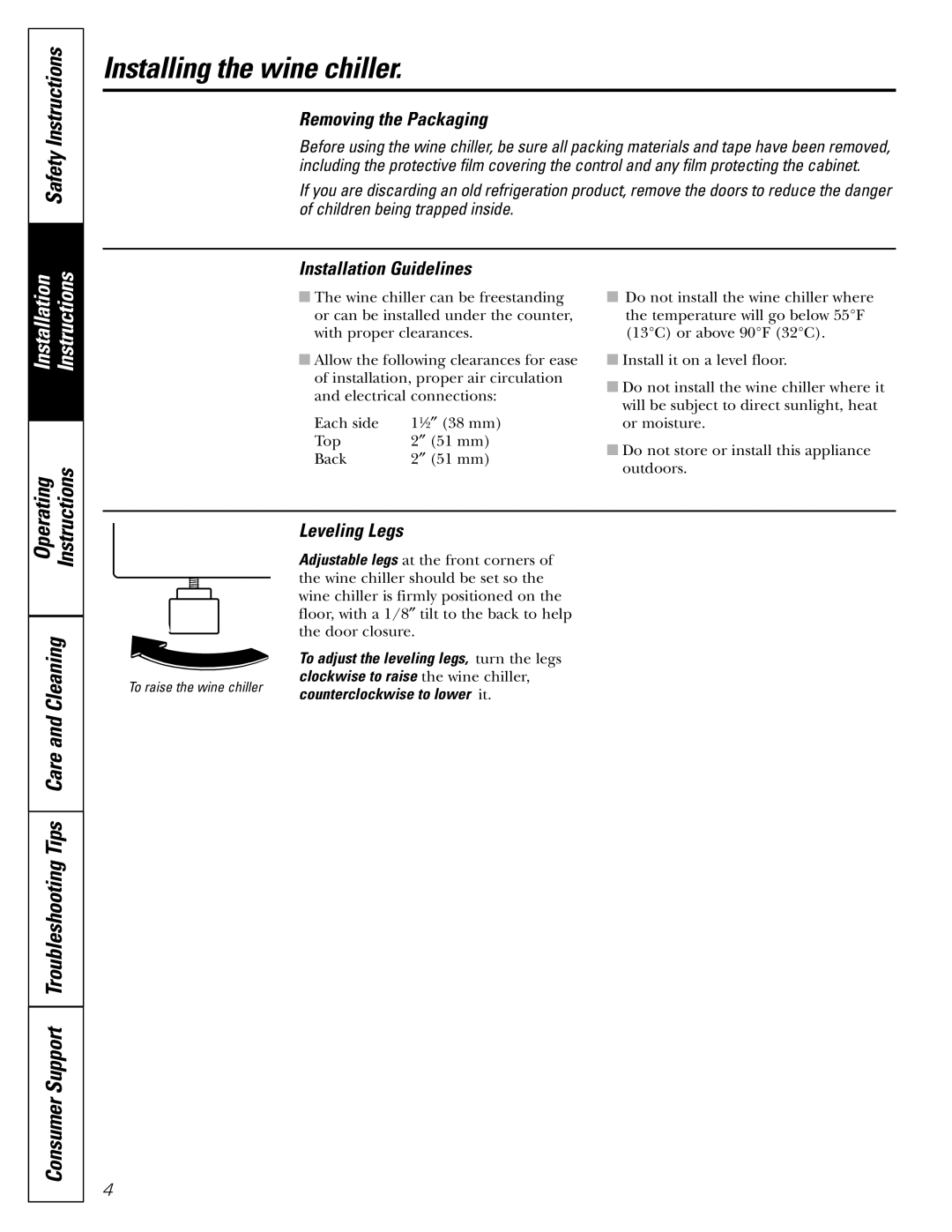 GE WineChiller Installing the wine chiller, Safety Instructions, Installation Instructions, Care and Cleaning 