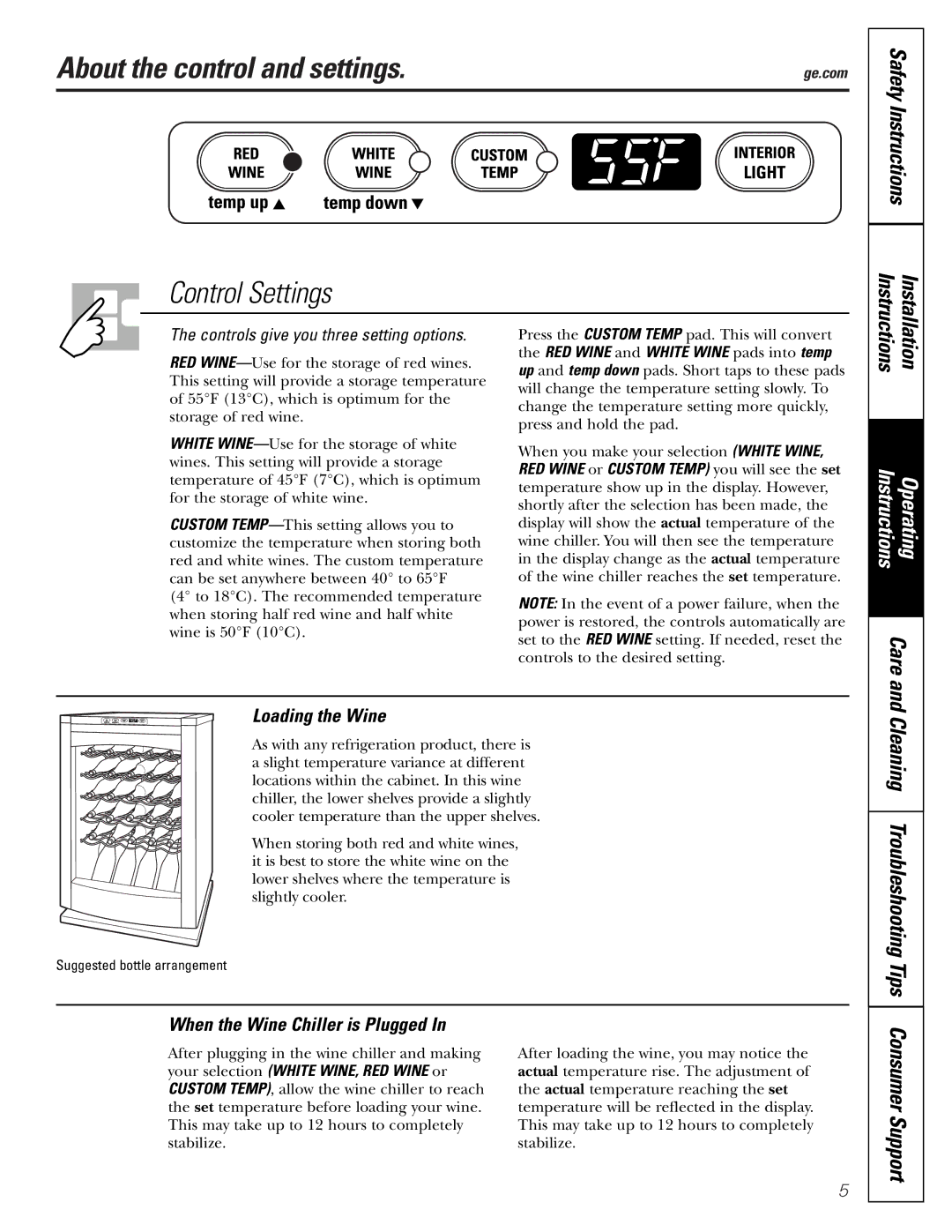 GE WineChiller About the control and settings, Instructions Operating, Loading the Wine, When the Wine Chiller is Plugged 