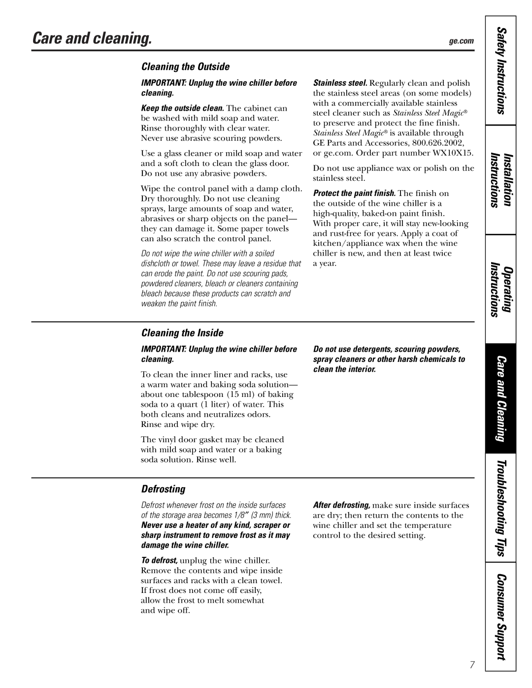 GE WineChiller installation instructions Care and cleaning, Safety, Instructions Installation, Care and Cleaning 