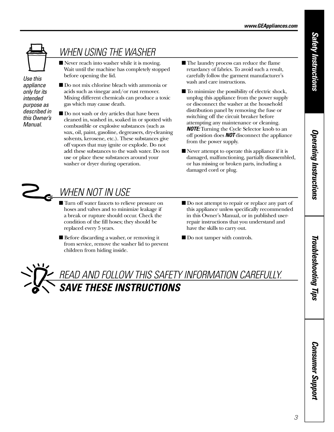 GE S3600, WJSR4160, WBSR3140, WHDSR315, WJRR4170, WHDSR417, WCSR4170 owner manual When Using the Washer, Operating Instructions 