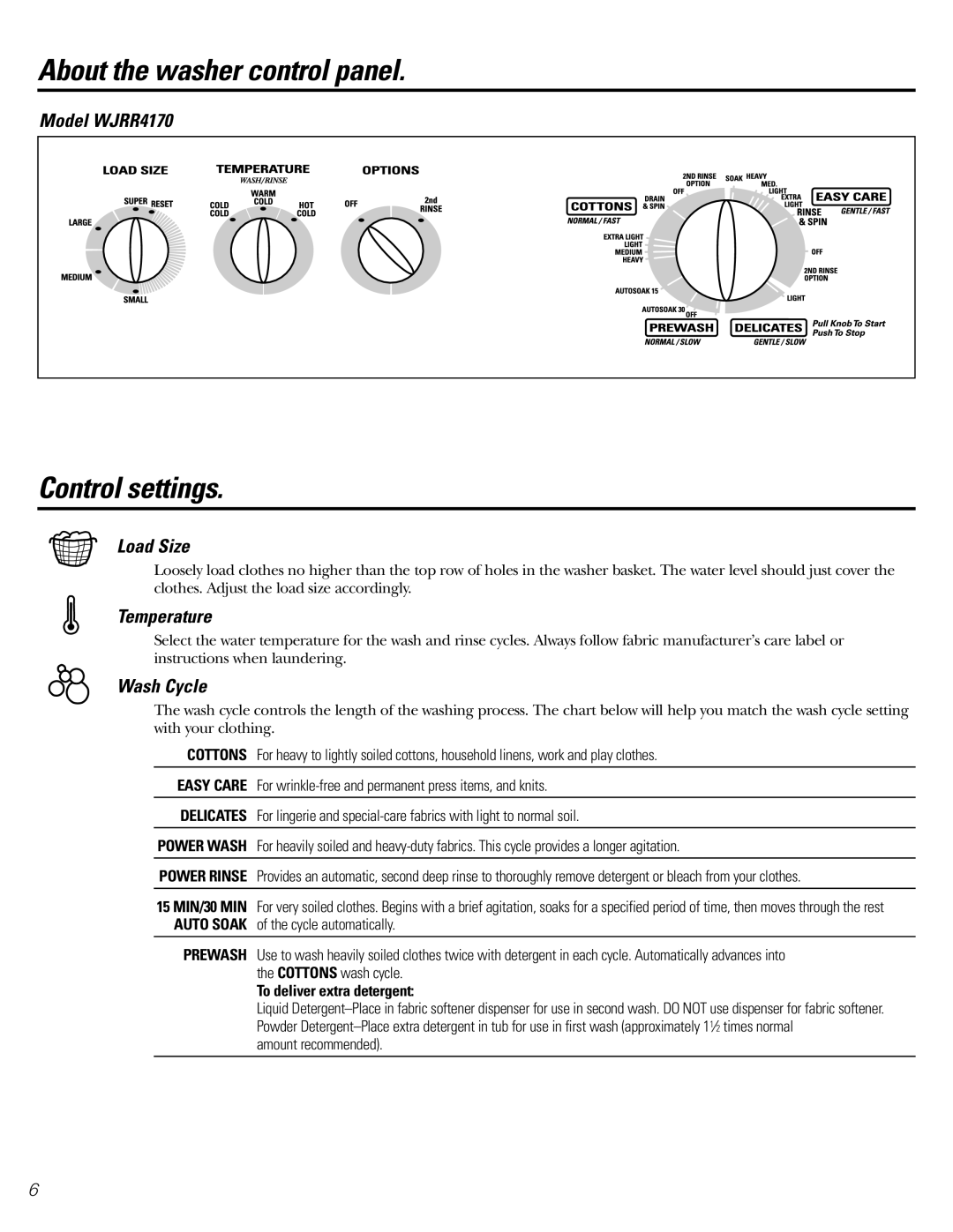 GE WCSR4170, WJSR4160, WBSR3140, WHDSR315, S3600 Control settings, Model WJRR4170, Load Size, Temperature, Wash Cycle 