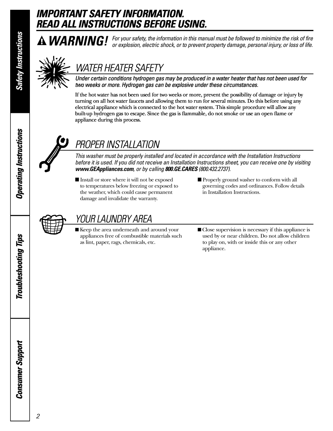 GE WHDSR315 Important Safety Information, Read All Instructions Before Using, Water Heater Safety, Proper Installation 
