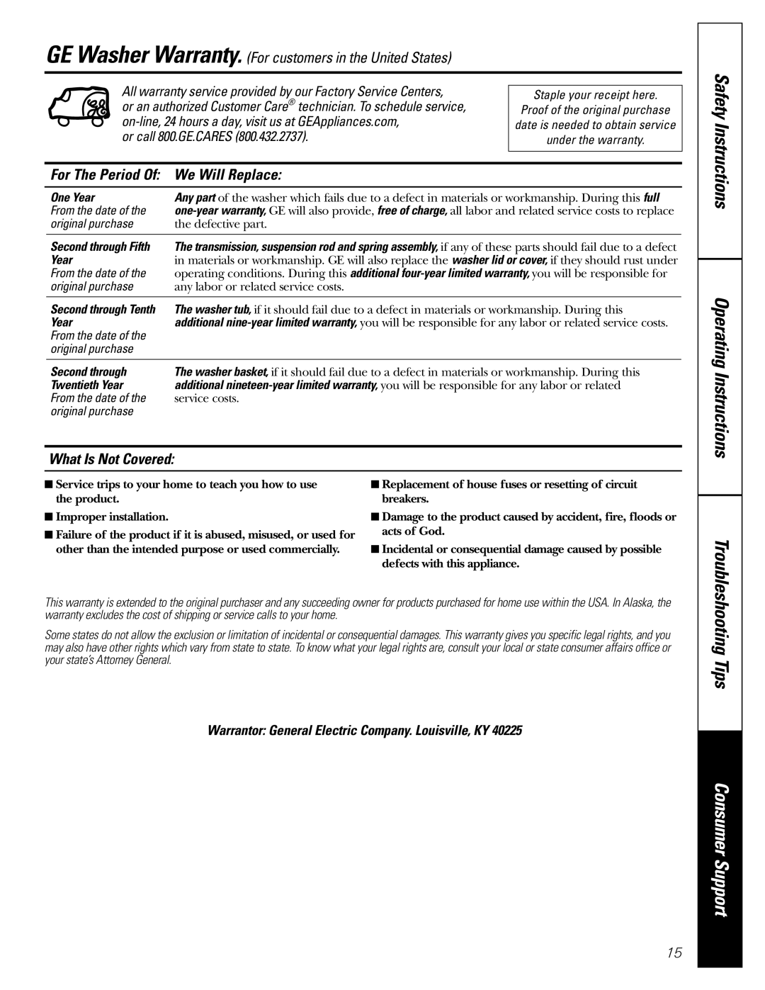 GE WASE5210, WLE4000, WBSE3120, WWSE5200, WCSE4160, WSSE5210, S4200 owner manual For The Period Of We Will Replace 