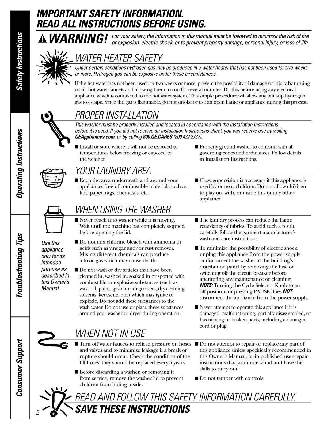 GE WBSE3120, WLE4000, WASE5210, WWSE5200, WCSE4160, WSSE5210, S4200 owner manual Water Heater Safety, Consumer Support 