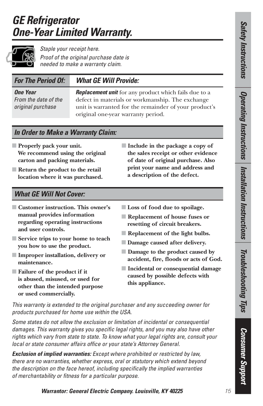 GE WMR04GAV owner manual GE Refrigerator One-Year Limited Warranty, What GE Will Provide, Order to Make a Warranty Claim 