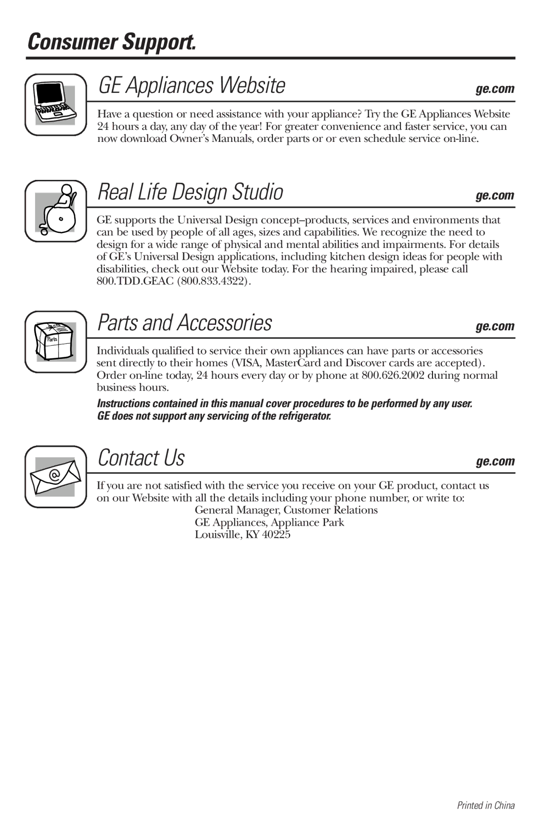 GE WMR04GAV owner manual Consumer Support GE Appliances Website, Real Life Design Studio, Parts and Accessories, Contact Us 