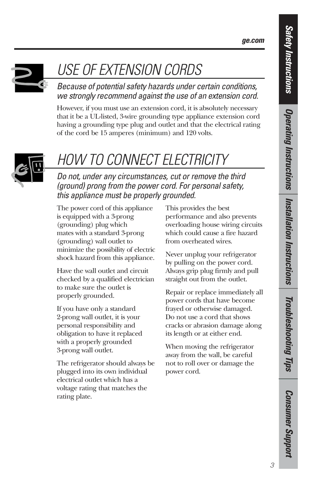 GE WMR04GAV owner manual USE of Extension Cords, Safety Instructions Operating Instructions 