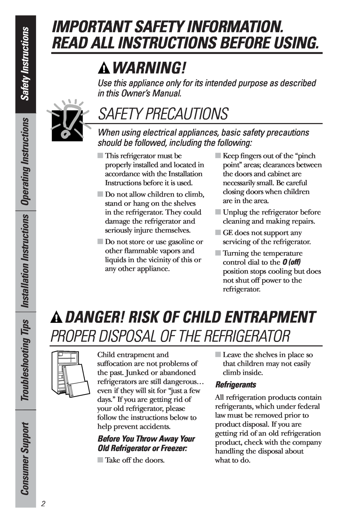 GE WMR04GAV Safety Precautions, Danger! Risk Of Child Entrapment, Tips, Instructions Safety Instructions, Refrigerants 