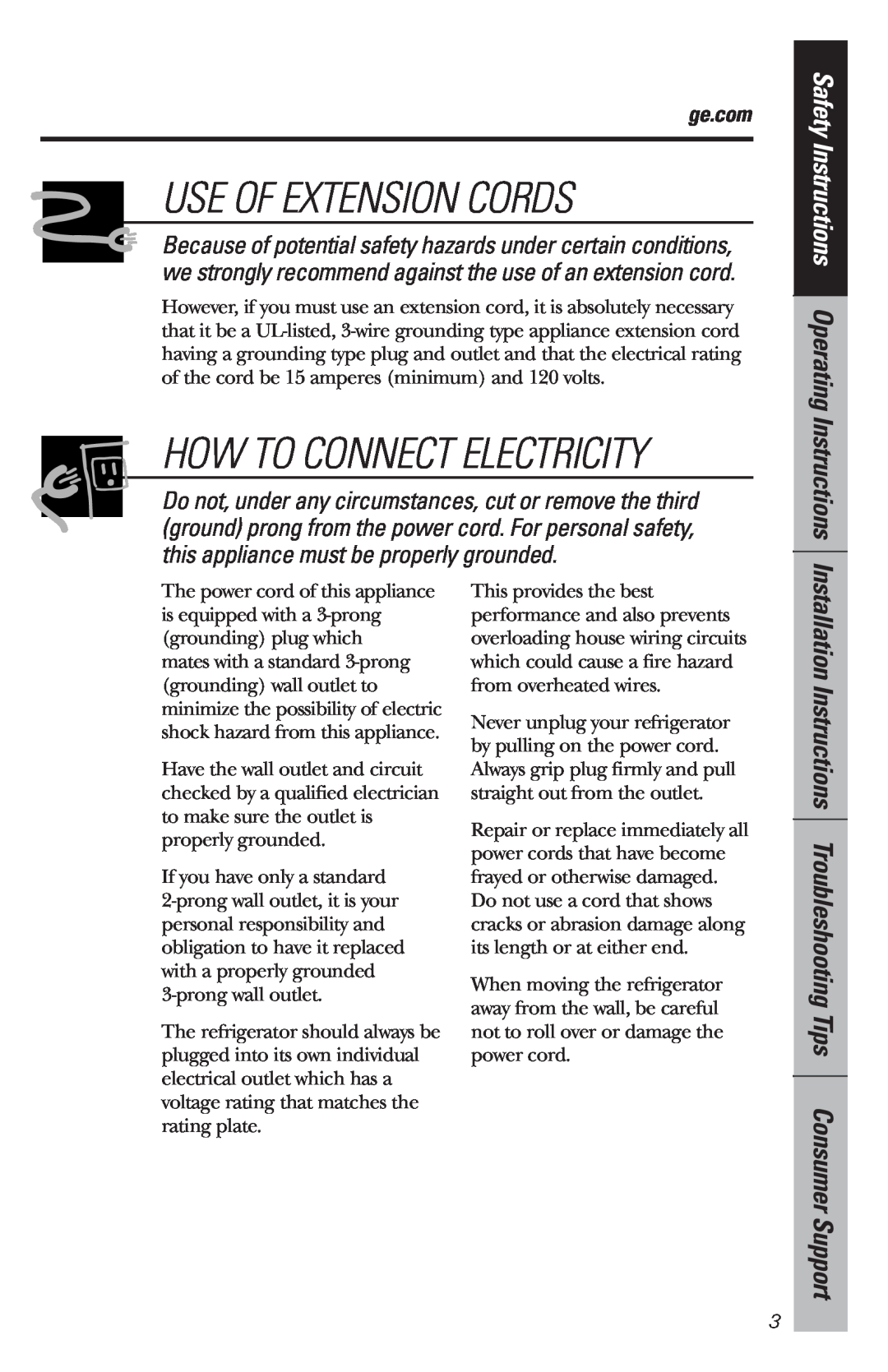 GE WMR04GAV Use Of Extension Cords, Safety Instructions Operating Instructions, ge.com, How To Connect Electricity 