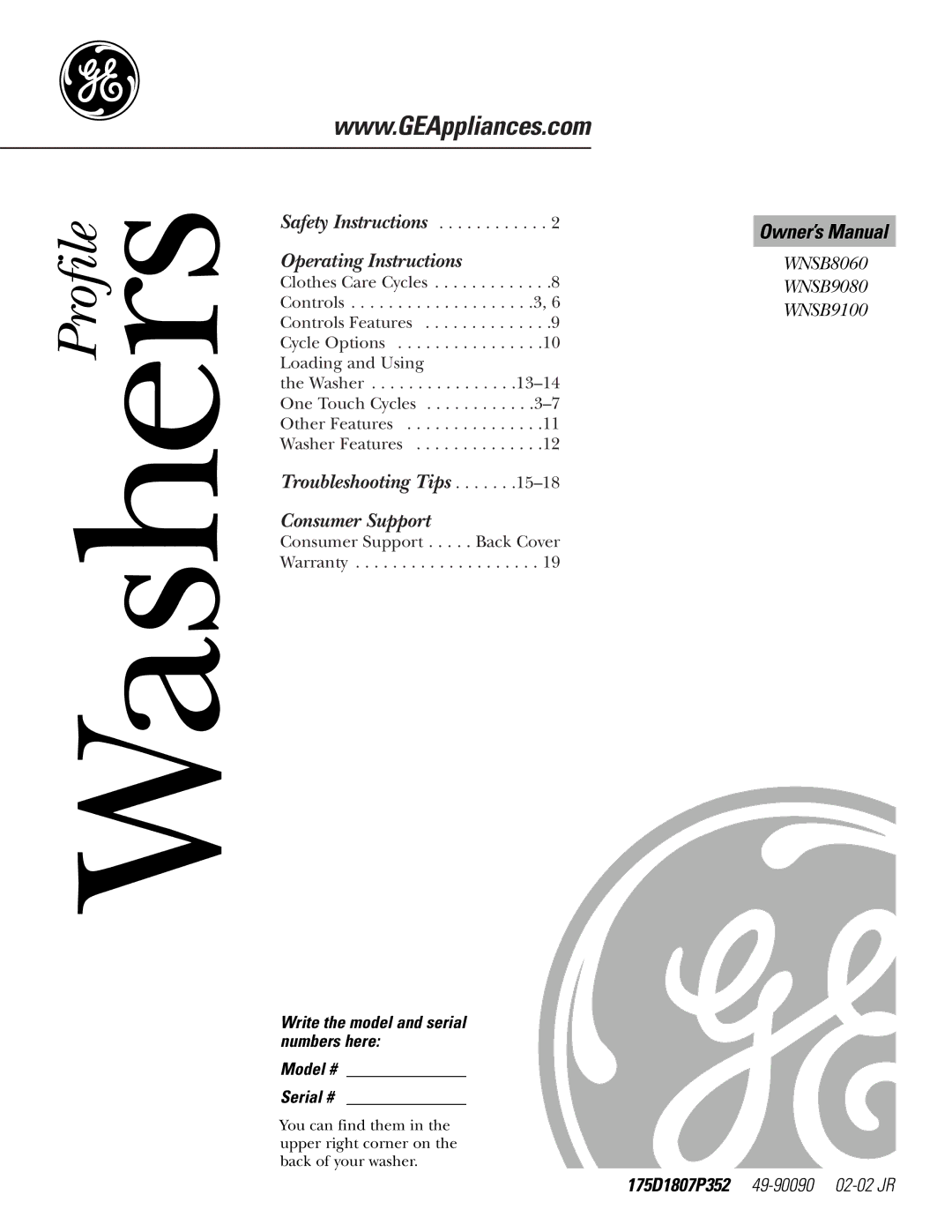 GE WNSB9100, WNSB8060, WNSB9080 owner manual Washers 