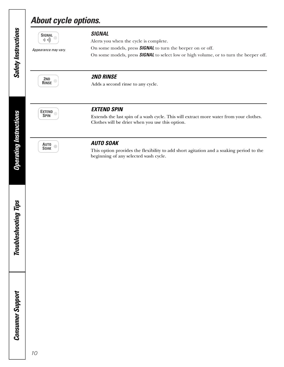 GE WNSB9100, WNSB8060, WNSB9080 owner manual About cycle options, Signal 