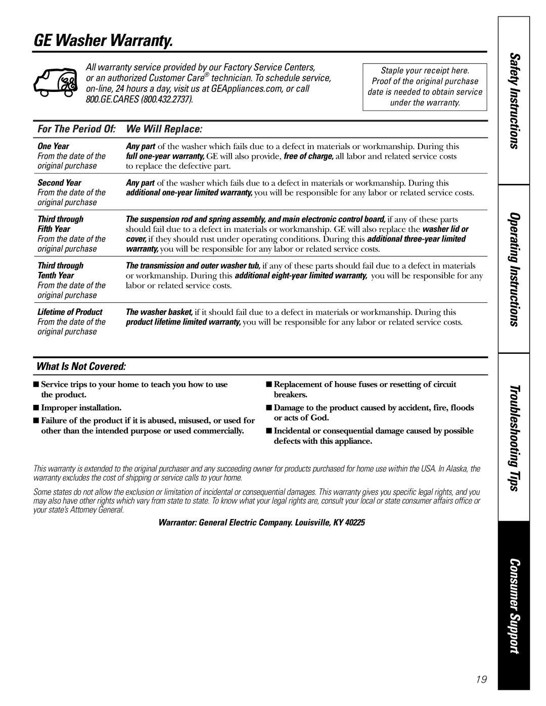 GE WNSB9100, WNSB8060, WNSB9080 owner manual GE Washer Warranty, For The Period Of We Will Replace, What Is Not Covered 