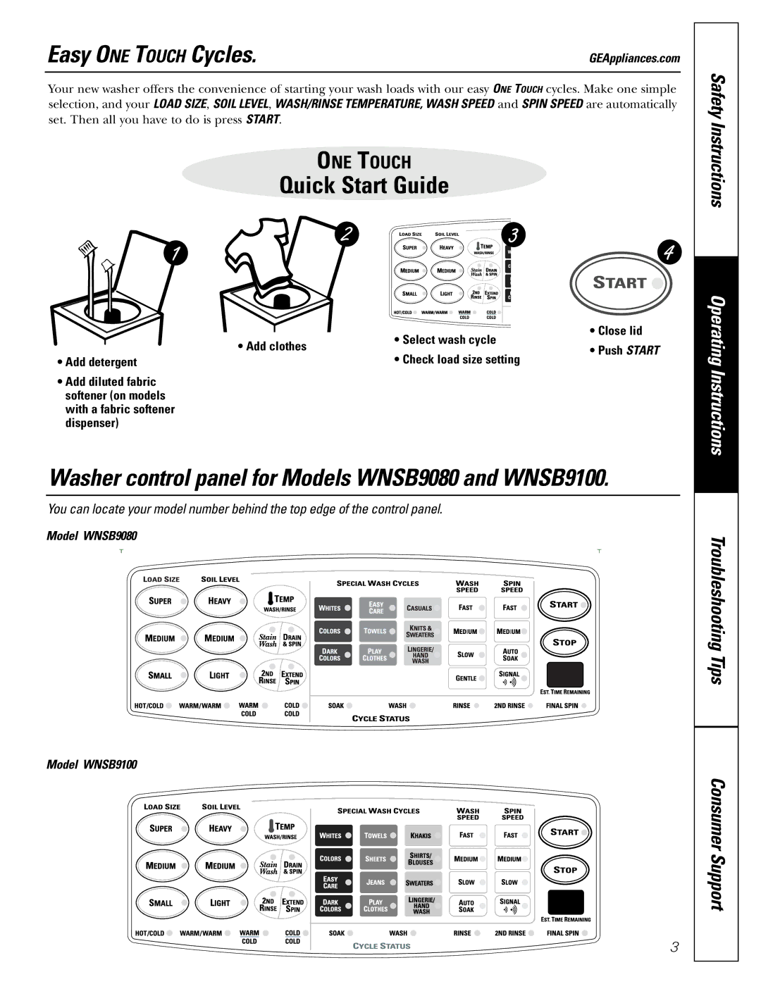 GE WNSB8060 owner manual Easy ONE Touch Cycles.GEAppliances.com, Model WNSB9080 Model WNSB9100 