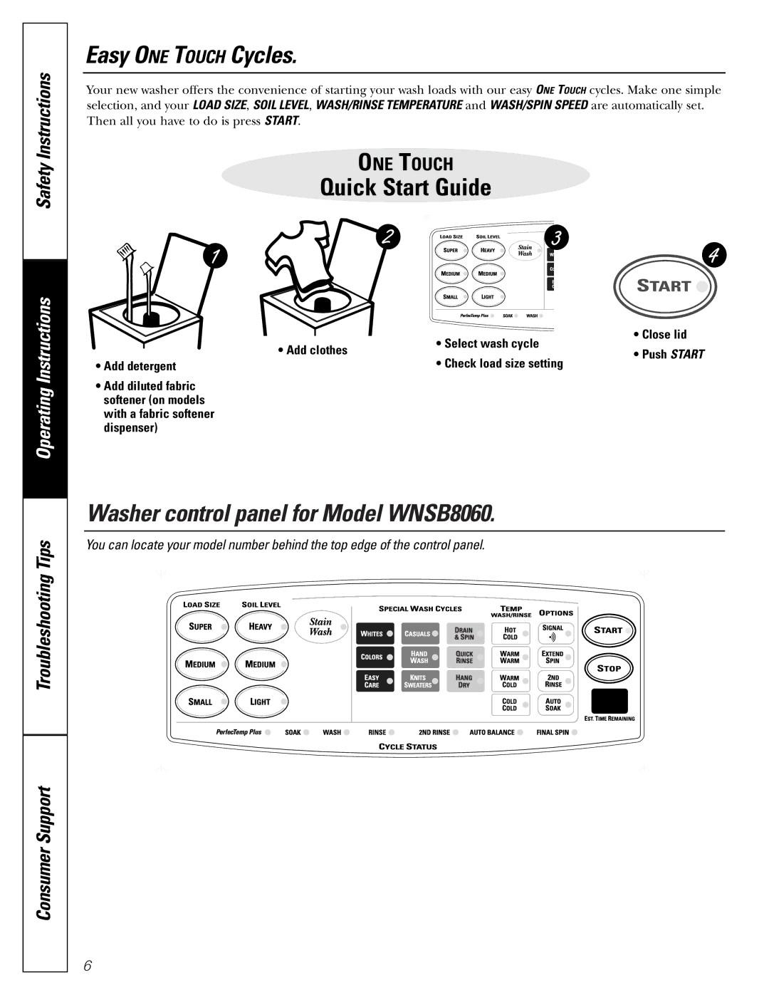 GE WNSB9100, WNSB9080 owner manual Easy ONE Touch Cycles, Washer control panel for Model WNSB8060 