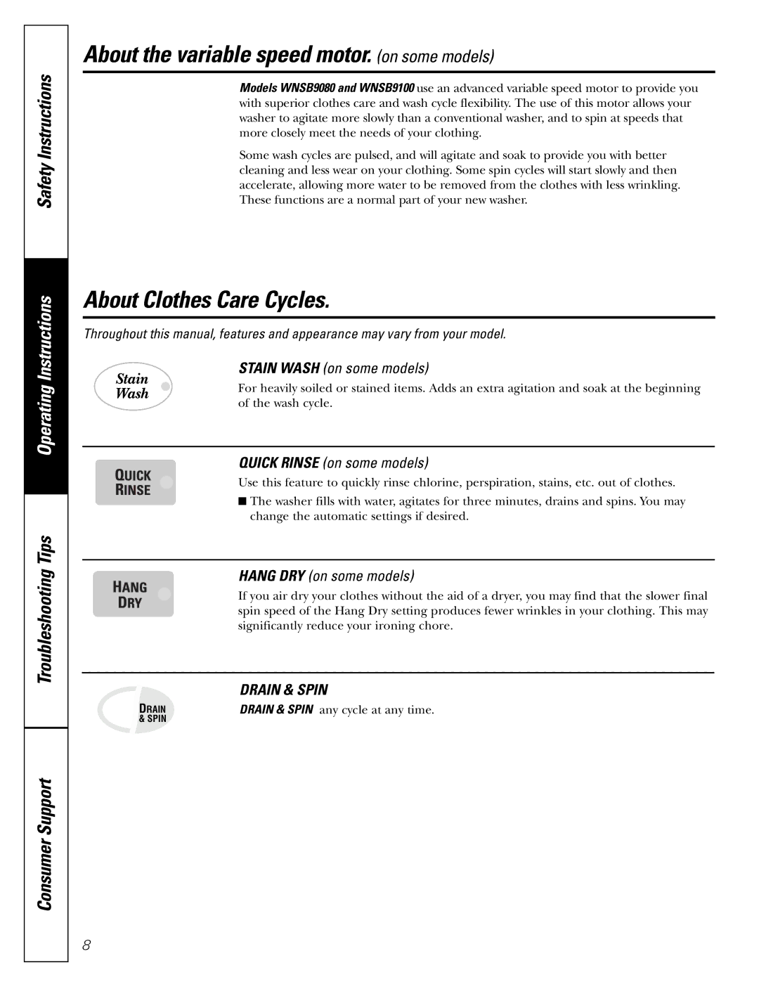 GE WNSB9080, WNSB8060, WNSB9100 owner manual About the variable speed motor. on some models, About Clothes Care Cycles 