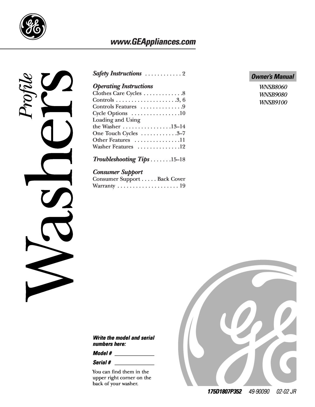 GE WNSB9100 owner manual Owner’s Manual, 175D1807P352 49-90090 02-02 JR, Washers, Profile, Operating Instructions 