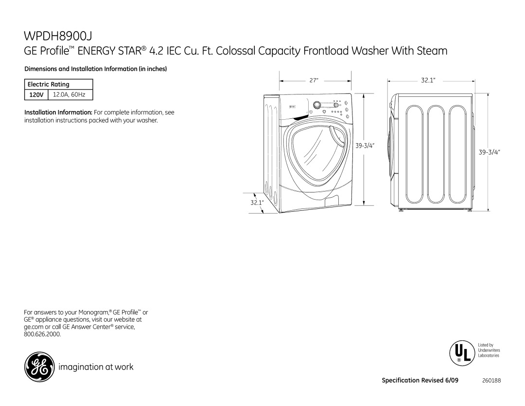 GE WPDH8900J dimensions 32.1, Specification Revised 6/09 