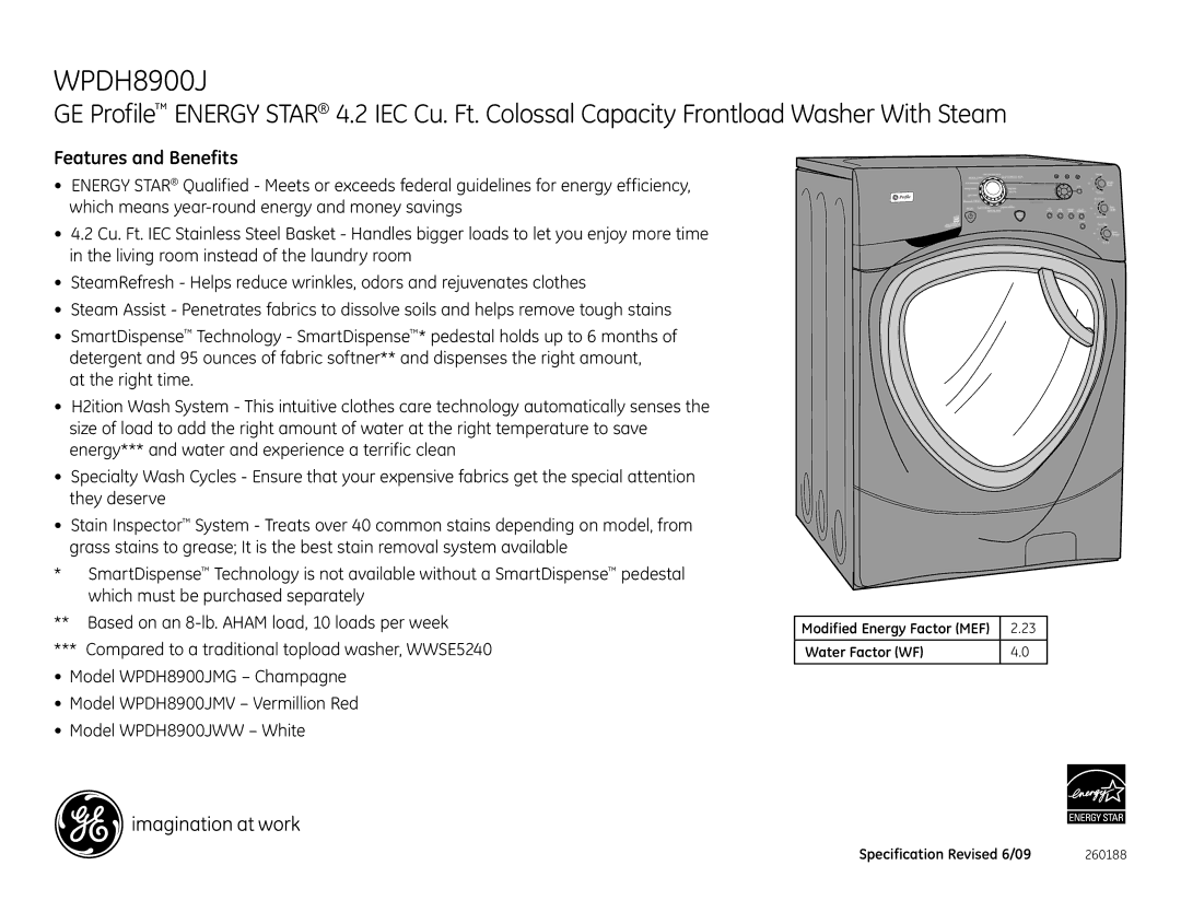 GE WPDH8900J dimensions Features and Benefits, Water Factor WF Specification Revised 6/09, Harmony 