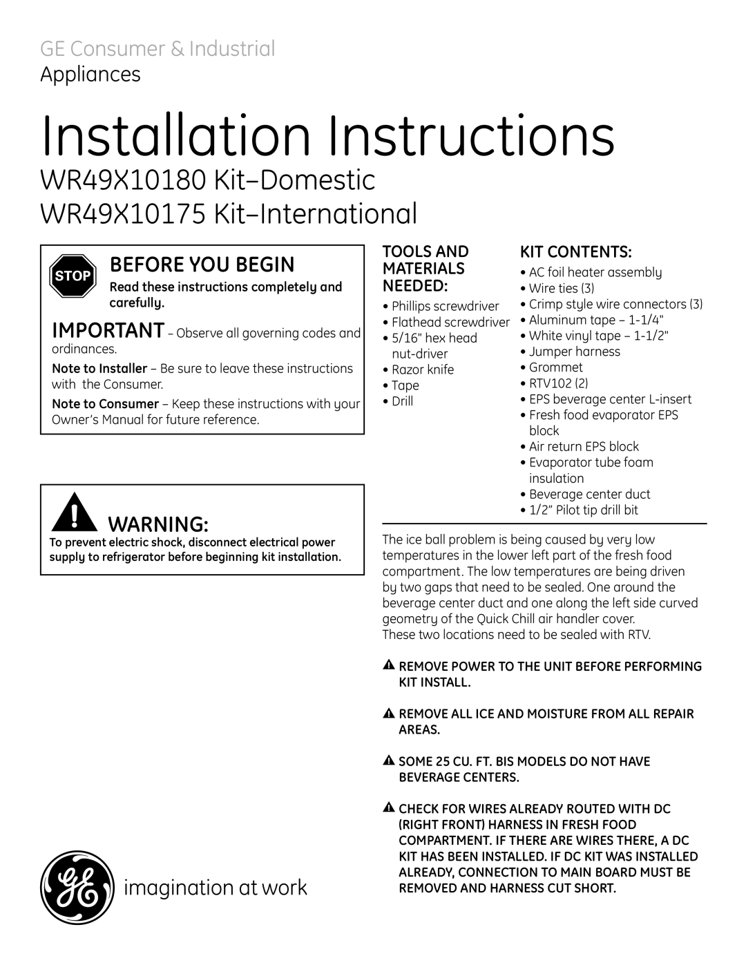 GE WR49X10180 manual Installation Instructions, Before YOU Begin 