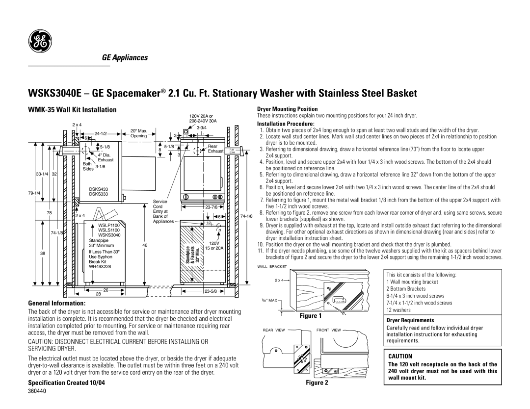 GE WSKS3040E manual WMK-35 Wall Kit Installation, General Information, Dryer Mounting Position, Installation Procedure 