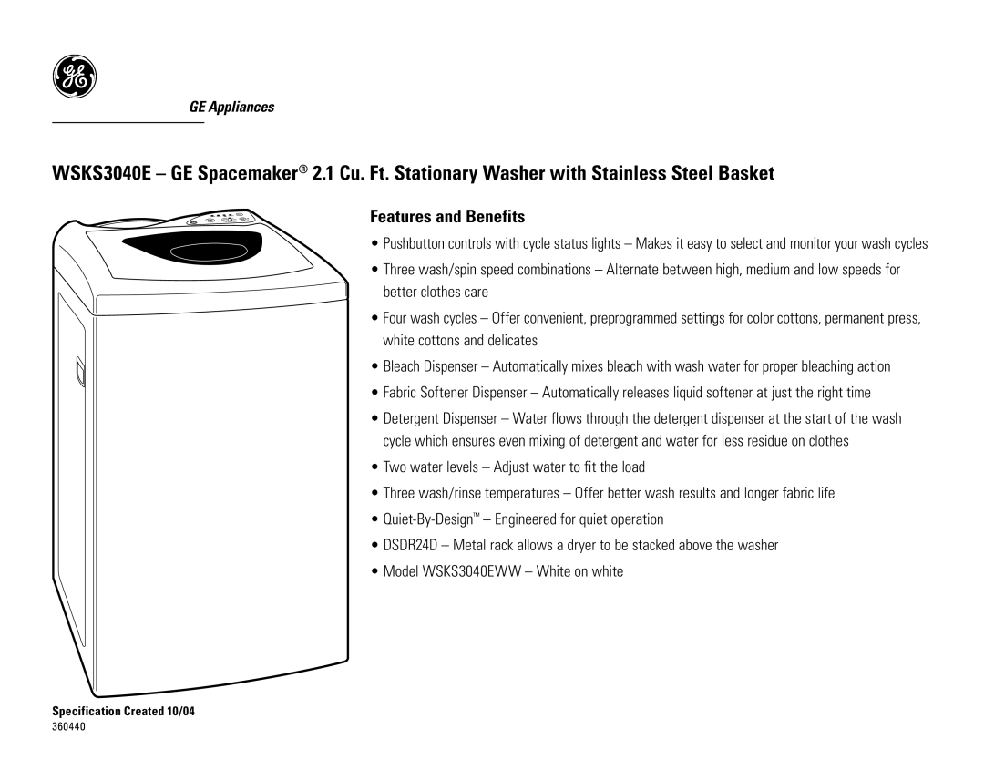 GE WSKS3040E manual Features and Benefits 