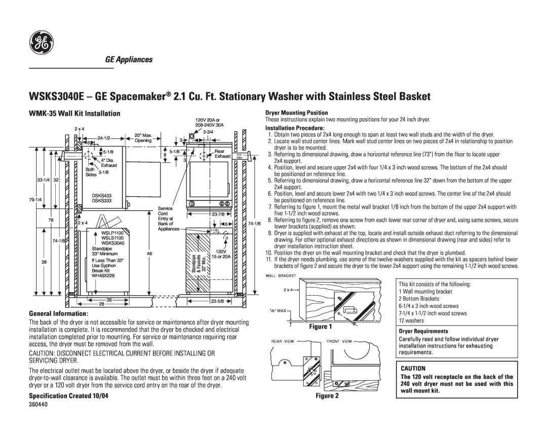 GE WSKS3040E manual GE Appliances, WMK-35 Wall Kit Installation, General Information, Specification Created 10/04 