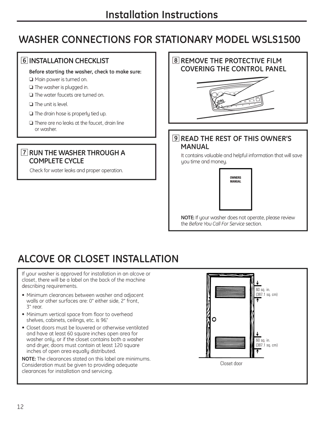 GE WSLS1500, WSLP1500 manual Installation Checklist, Before starting the washer, check to make sure 