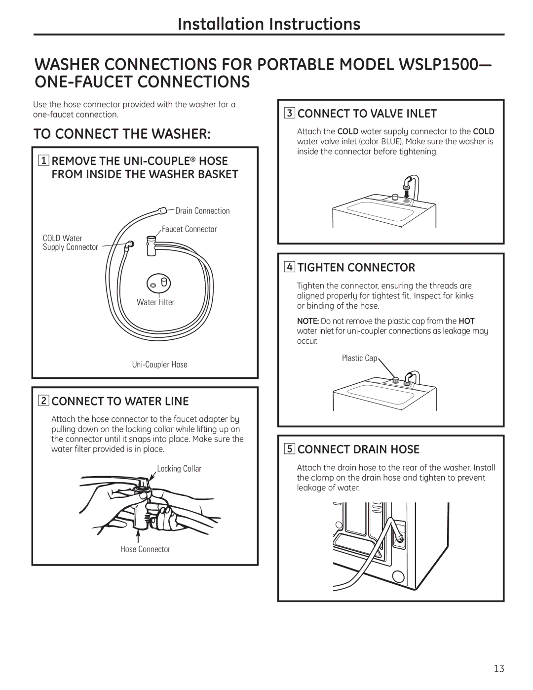 GE WSLP1500, WSLS1500 manual Connect to Water Line, Connect to Valve Inlet, Tighten Connector 