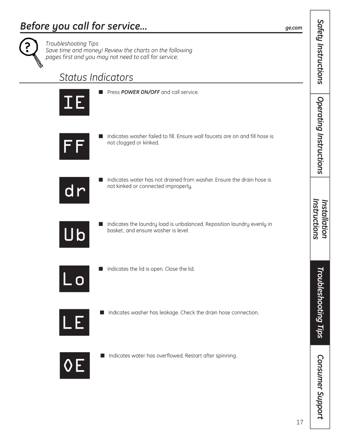 GE WSLP1500, WSLS1500 manual Before you call for service…, Status Indicators 