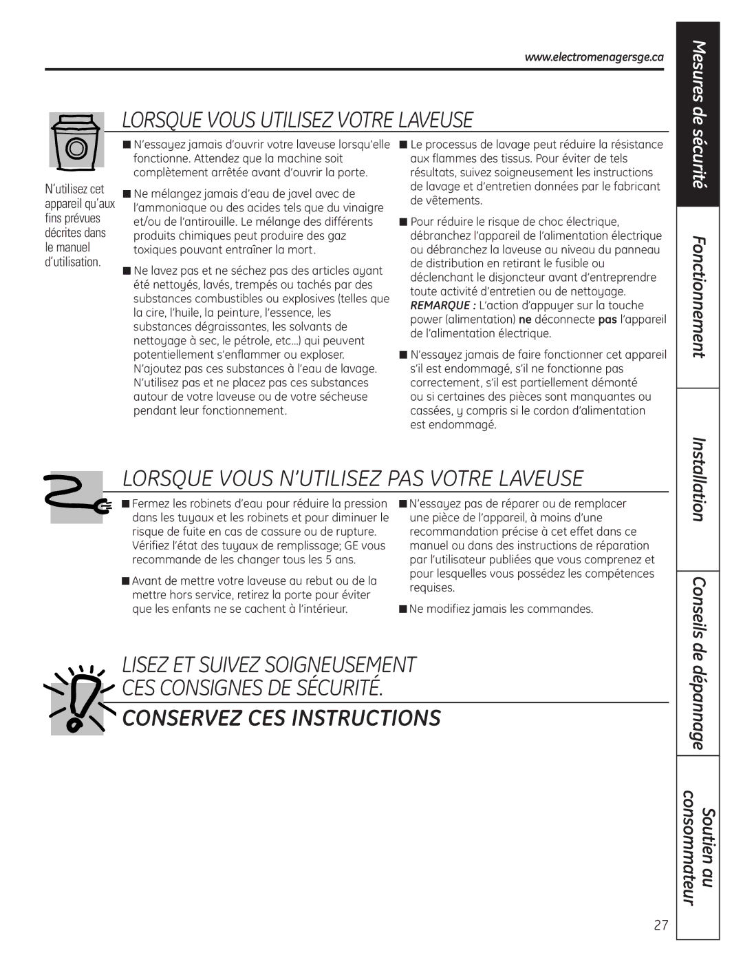 GE WSLP1500, WSLS1500 manual Lorsque Vous Utilisez Votre Laveuse, Installation 