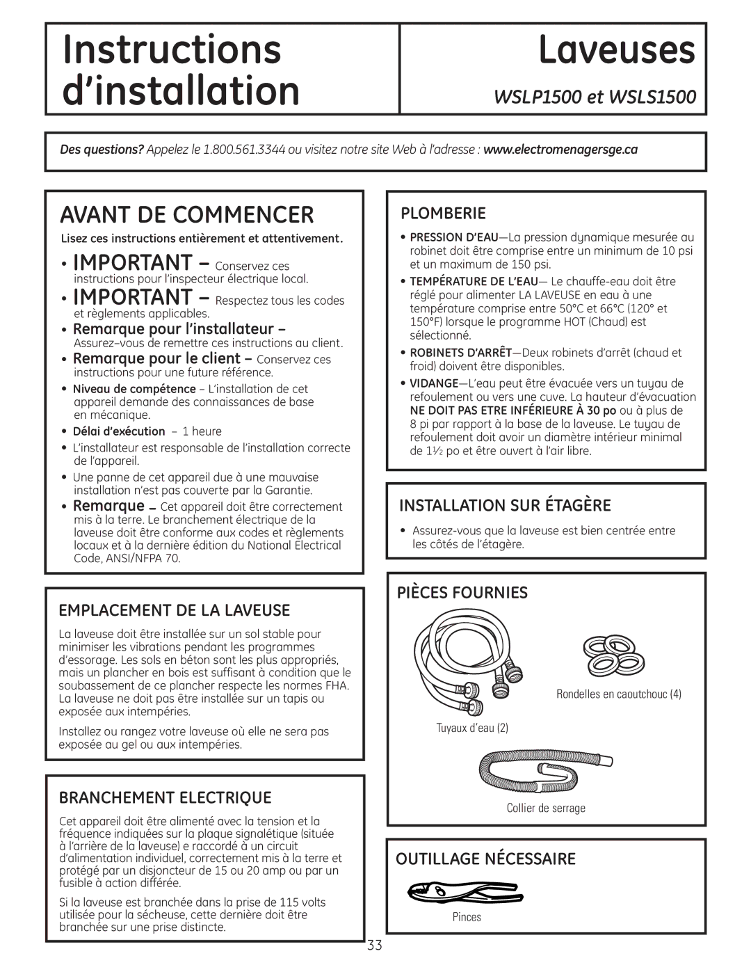 GE WSLP1500 manual Plomberie, Installation SUR Étagère, Emplacement DE LA Laveuse, Branchement Electrique, Pièces Fournies 