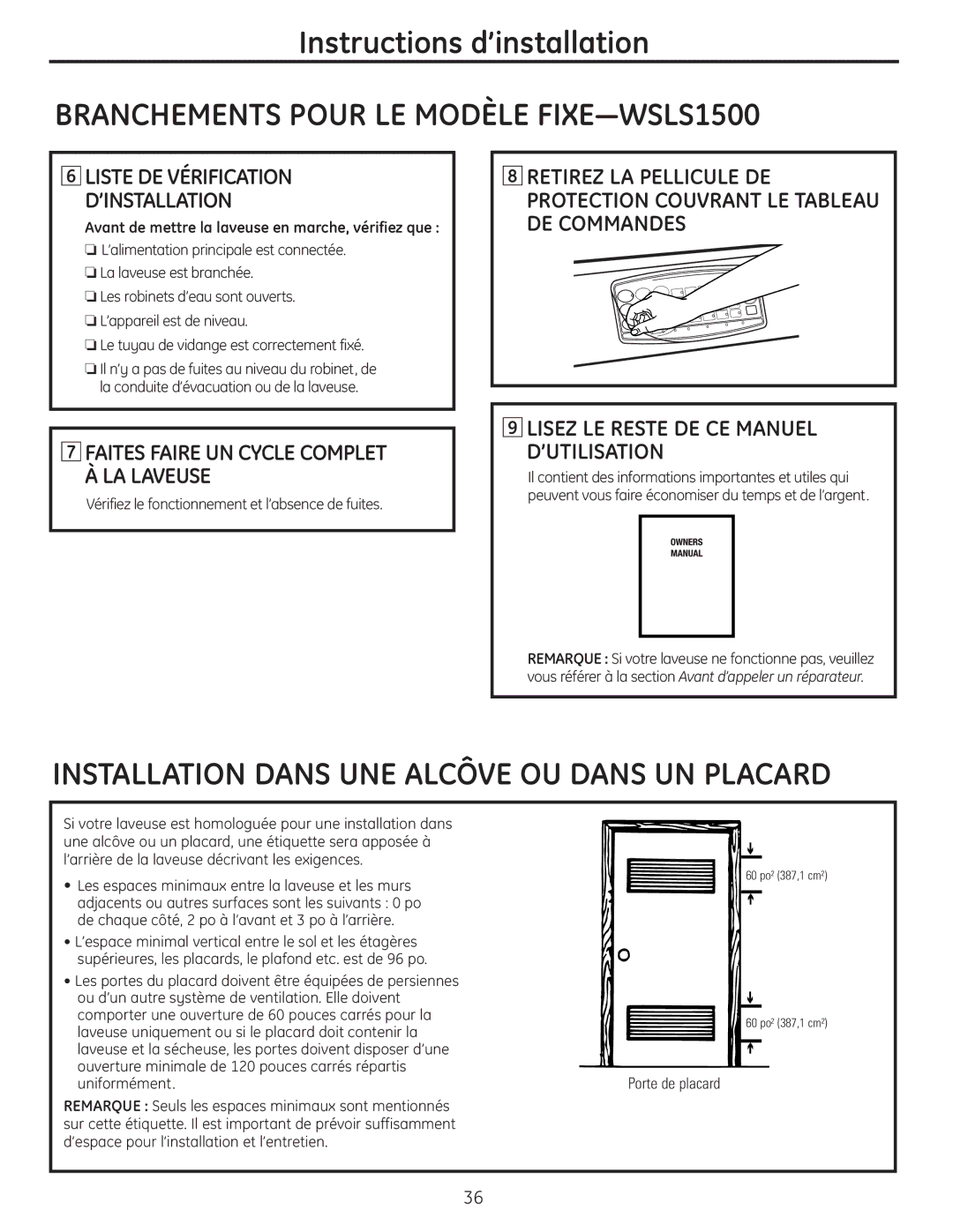 GE WSLS1500, WSLP1500 manual Liste DE Vérification ’INSTALLATION, Lisez LE Reste DE CE Manuel D’UTILISATION 