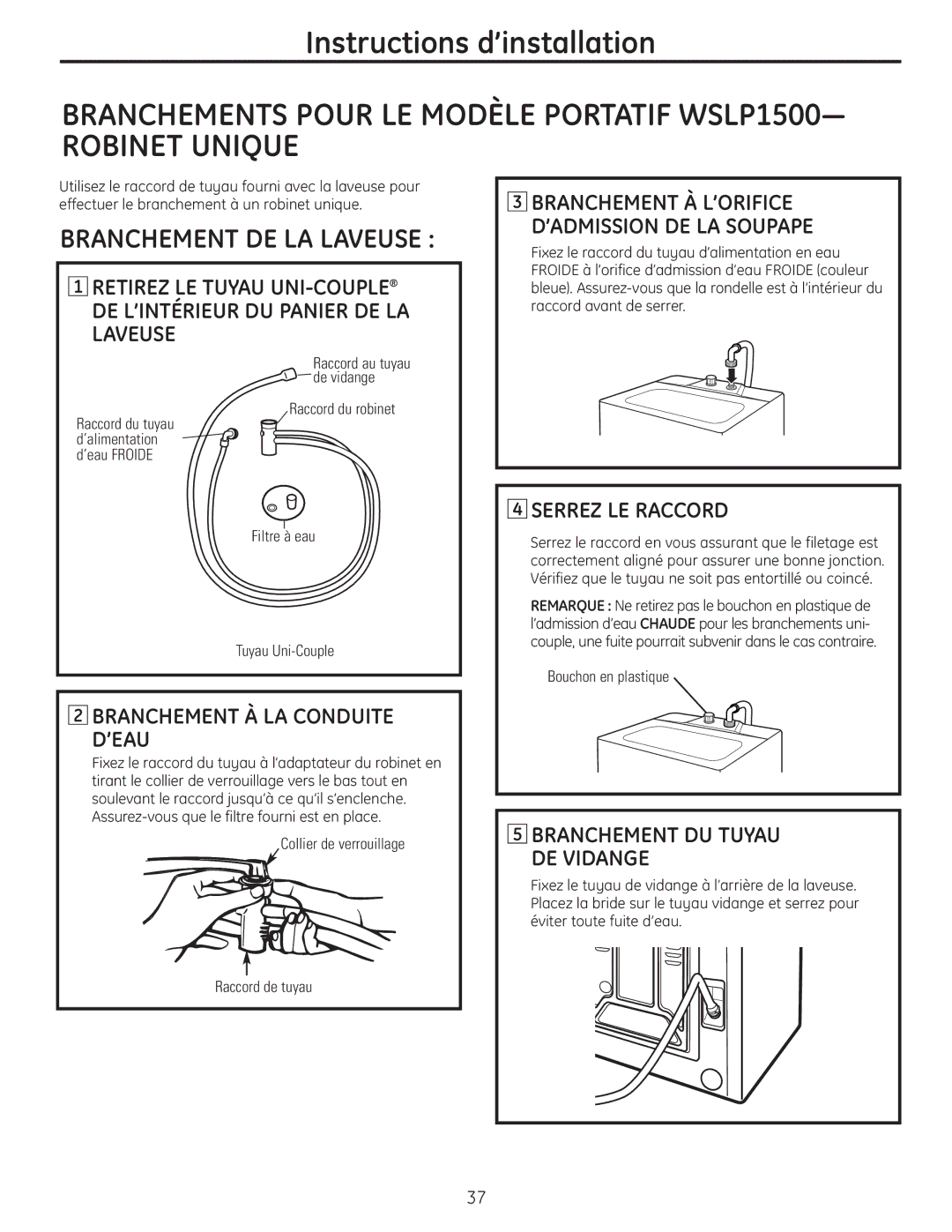 GE WSLP1500, WSLS1500 manual Branchement À LA Conduite ’EAU, Serrez LE Raccord 