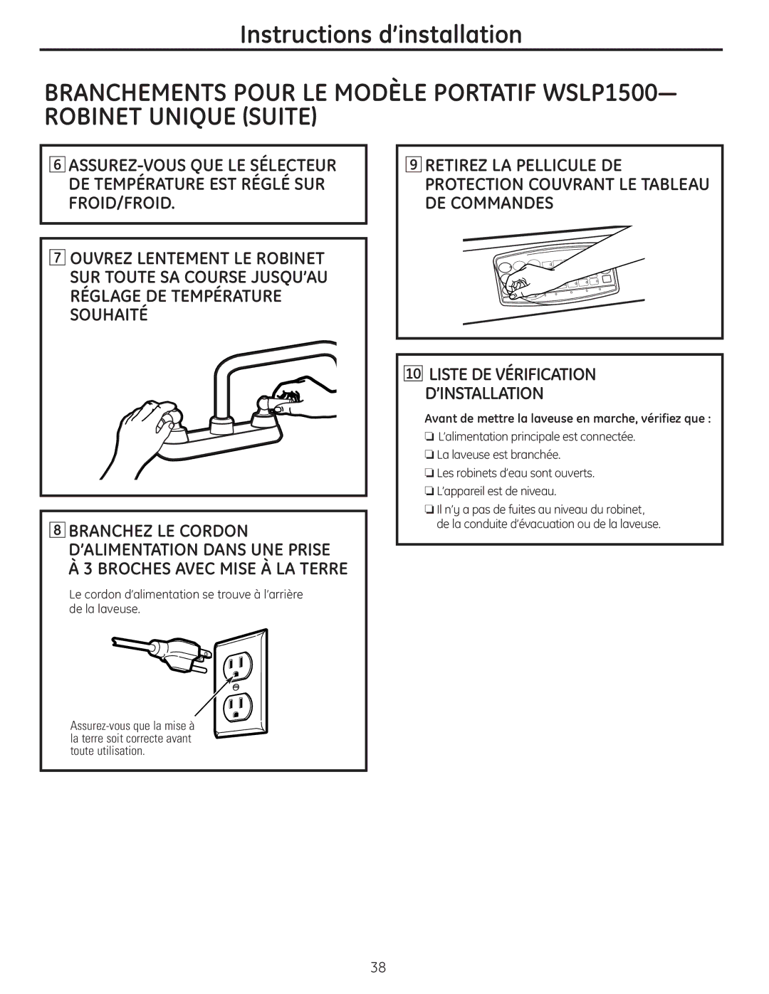 GE WSLS1500, WSLP1500 manual Liste DE Vérification D’INSTALLATION 