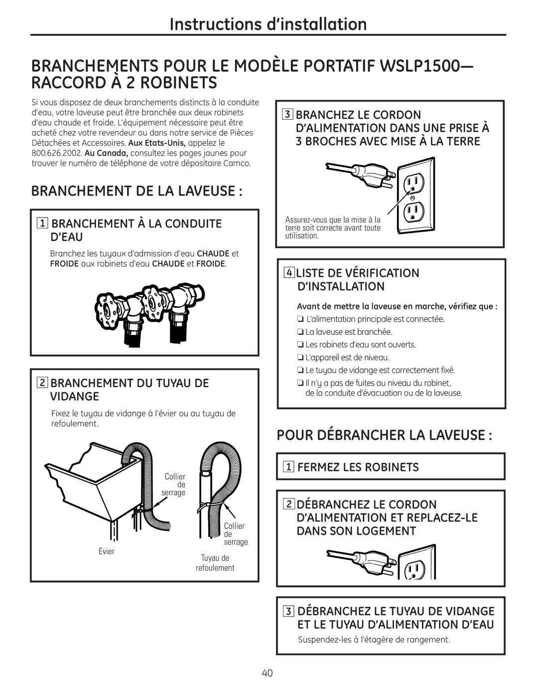 GE WSLS1500, WSLP1500 manual Branchement À LA Conduite D’EAU, Fermez LES Robinets 