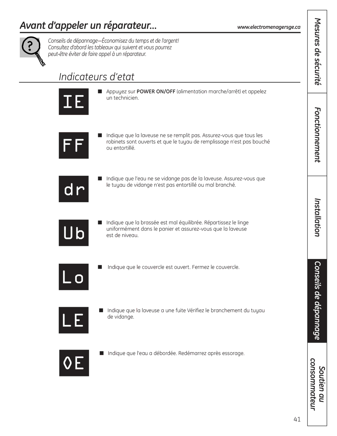 GE WSLP1500, WSLS1500 manual Avant d’appeler un réparateur…, Indicateurs d’etat 