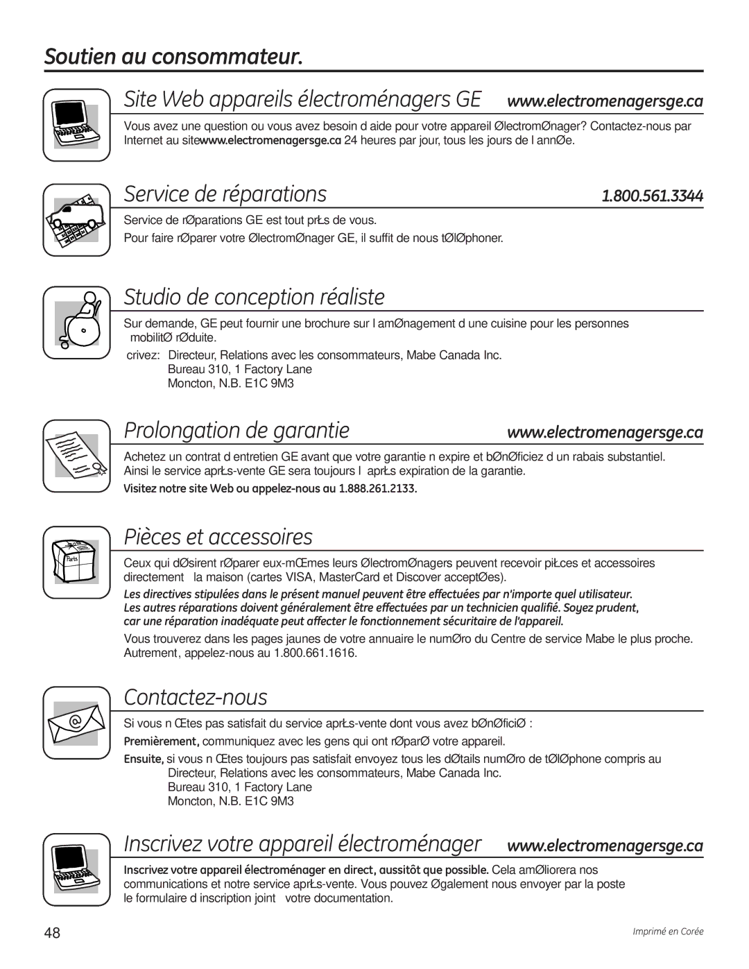 GE WSLS1500 manual Soutien au consommateur Service de réparations, Studio de conception réaliste, Prolongation de garantie 